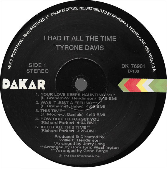 Tyrone Davis : I Had It All The Time (LP, Album, RE)