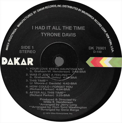 Tyrone Davis : I Had It All The Time (LP, Album, RE)