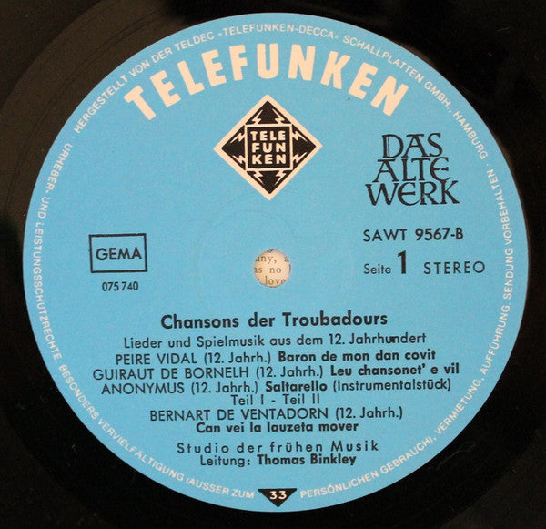 Studio Der Frühen Musik : Chansons Der Troubadours (Lieder Und Spielmusik Aus Dem 12. Jahrhunderts) (LP)