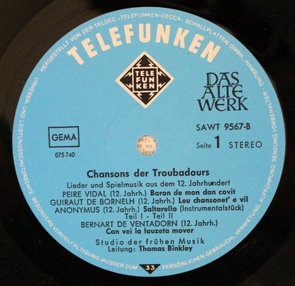Studio Der Frühen Musik : Chansons Der Troubadours (Lieder Und Spielmusik Aus Dem 12. Jahrhunderts) (LP)