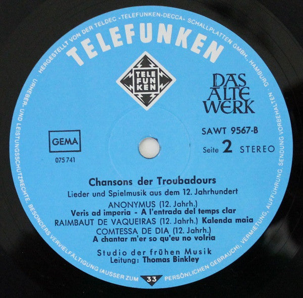 Studio Der Frühen Musik : Chansons Der Troubadours (Lieder Und Spielmusik Aus Dem 12. Jahrhunderts) (LP)