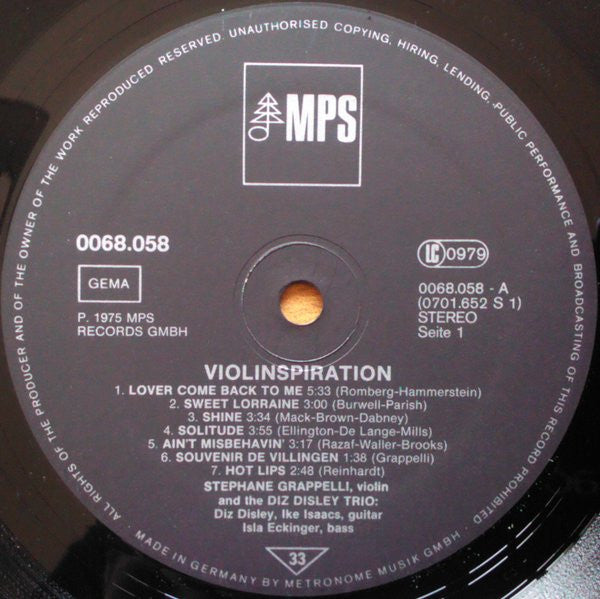 Stéphane Grappelli & Diz Disley Trio : Violinspiration (LP, Album, RE)