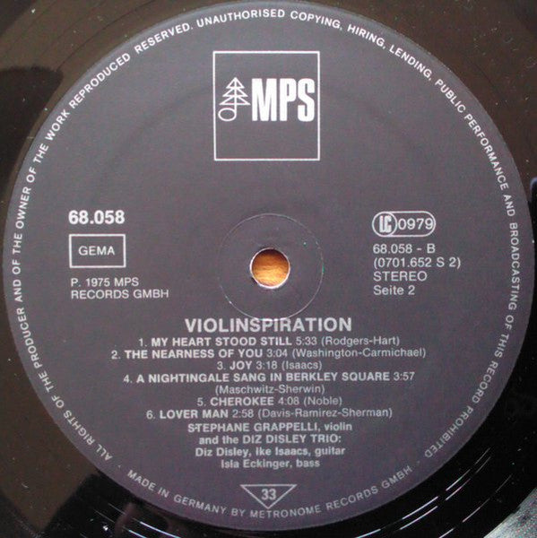Stéphane Grappelli & Diz Disley Trio : Violinspiration (LP, Album, RE)