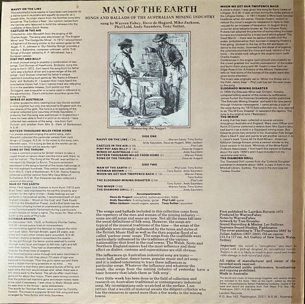 Warren Fahey, Dave de Hugard, Mike Jackson (24), Phyl Lobl, Andy Saunders (3), Tony Suttor : Man Of The Earth (Songs And Ballads Of The Australian Mining Industry) (LP, Album)