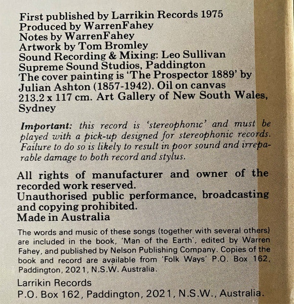 Warren Fahey, Dave de Hugard, Mike Jackson (24), Phyl Lobl, Andy Saunders (3), Tony Suttor : Man Of The Earth (Songs And Ballads Of The Australian Mining Industry) (LP, Album)