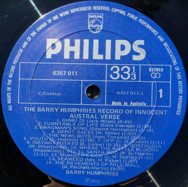 Barry Humphries : The Barry Humphries Record Of Innocent Austral Verse (LP, Album)
