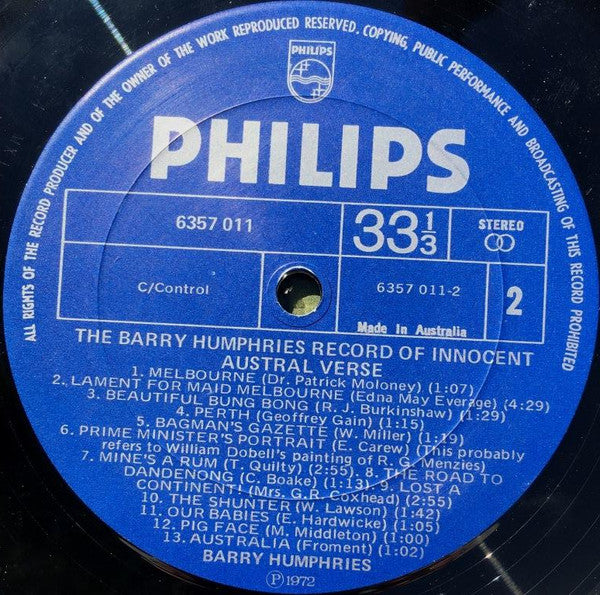 Barry Humphries : The Barry Humphries Record Of Innocent Austral Verse (LP, Album)
