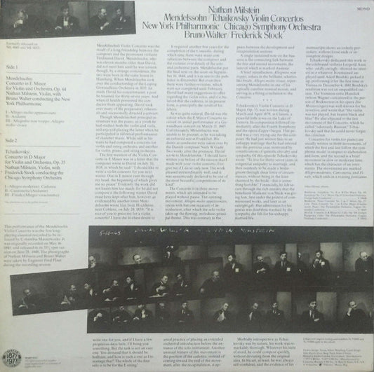 Nathan Milstein, Felix Mendelssohn-Bartholdy / Pyotr Ilyich Tchaikovsky, New York Philharmonic / Chicago Symphony Orchestra, Bruno Walter / Frederick Stock : Violin Concertos  (LP, Comp, Mono)