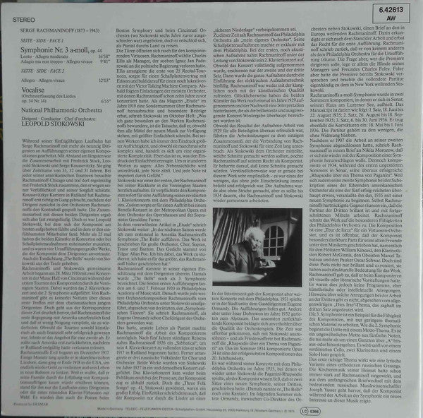 Sergei Vasilyevich Rachmaninoff - National Philharmonic Orchestra, Leopold Stokowski : Symphonie Nr.3 A-Moll, Op.44 / Vocalise (LP, Album, Gat)