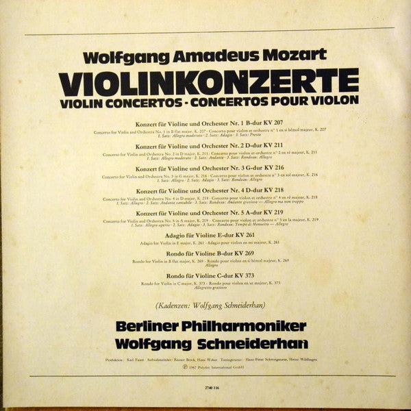 Wolfgang Amadeus Mozart, Wolfgang Schneiderhan, Berliner Philharmoniker : Violinkonzerte (3xLP, RE + Box)