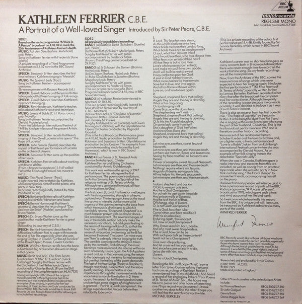 Kathleen Ferrier Introduced By Peter Pears : The Singer And The Person (LP, Mono)