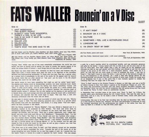 Fats Waller : Bouncin' On A V Disc (LP, Comp, Mono)