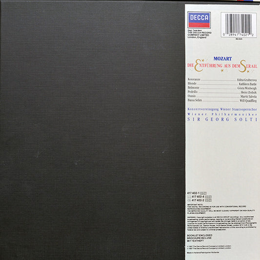 Wolfgang Amadeus Mozart –  Edita Gruberova, Kathleen Battle, Gösta Winbergh, Heinz Zednik, Martti Talvela, Will Quadflieg, Wiener Philharmoniker, Georg Solti : Die Entführung Aus Dem Serail  (2xLP, Album + Box)