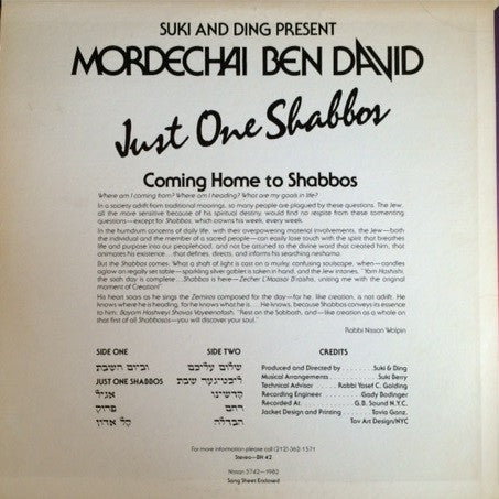 Mordechai Ben David : Just One Shabbos (LP, Album)