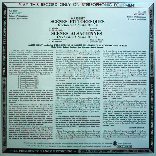 Jules Massenet, Albert Wolff, Orchestre De La Société Des Concerts Du Conservatoire :  Scènes Pittoresques, Scènes Alsaciennes (LP, Album, RE)