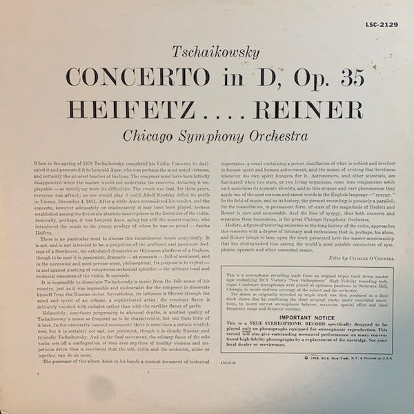 Pyotr Ilyich Tchaikovsky, Jascha Heifetz, Fritz Reiner, Chicago Symphony Orchestra : Violin Concerto (LP, Album, RE, Ind)