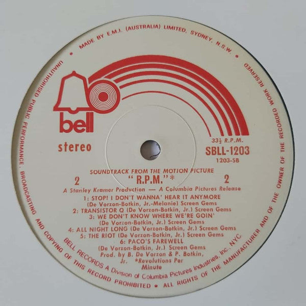 Barry De Vorzon & Perry Botkin Jr. : R.P.M. (The Original Motion Picture Soundtrack) (LP)