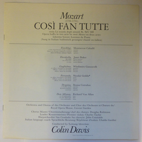 Mozart* - Colin Davis* : Così Fan Tutte (4xLP + Box)