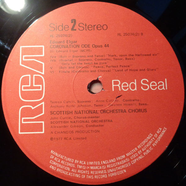Sir Edward Elgar - Teresa Cahill . Anne Collins . Anthony Rolfe Johnson . Gwynne Howell, Royal Scottish National Orchestra And The Scottish National Orchestra Chorus / Alexander Gibson : Coronation Ode / The Spirit Of England (2xLP, Gat)