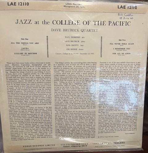 The Dave Brubeck Quartet With Paul Desmond : Jazz At The College Of The Pacific (LP)