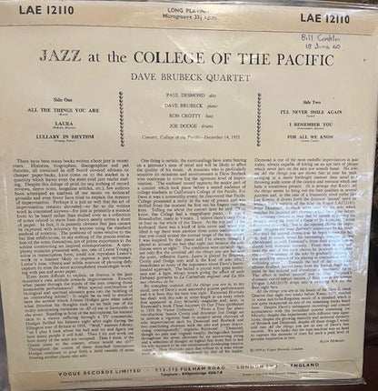 The Dave Brubeck Quartet With Paul Desmond : Jazz At The College Of The Pacific (LP)