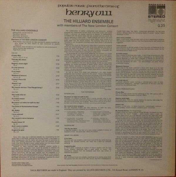 The Hilliard Ensemble With Members Of The New London Consort : Popular Music From The Time Of Henry VIII (LP, Album)