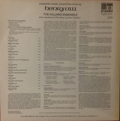 The Hilliard Ensemble With Members Of The New London Consort : Popular Music From The Time Of Henry VIII (LP, Album)