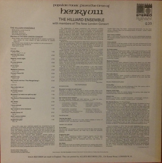 The Hilliard Ensemble With Members Of The New London Consort : Popular Music From The Time Of Henry VIII (LP, Album)