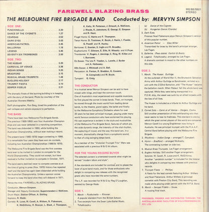 Melbourne Fire Brigade Band Conducted By Mervyn Simpson : Farewell ... Blazing Brass (LP, Album)