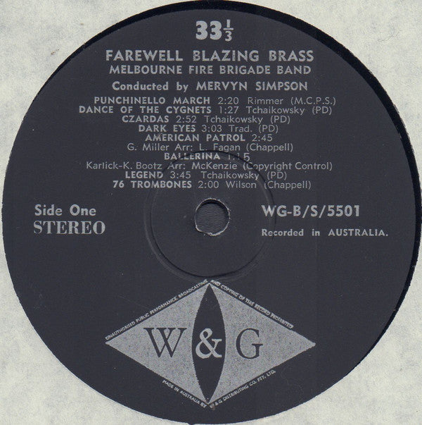 Melbourne Fire Brigade Band Conducted By Mervyn Simpson : Farewell ... Blazing Brass (LP, Album)