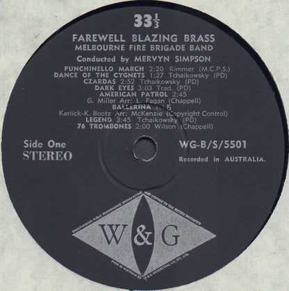 Melbourne Fire Brigade Band Conducted By Mervyn Simpson : Farewell ... Blazing Brass (LP, Album)