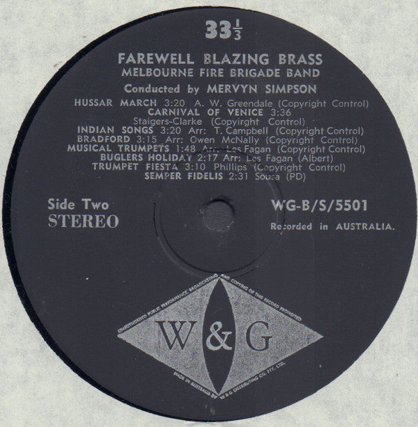 Melbourne Fire Brigade Band Conducted By Mervyn Simpson : Farewell ... Blazing Brass (LP, Album)