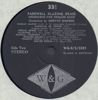 Melbourne Fire Brigade Band Conducted By Mervyn Simpson : Farewell ... Blazing Brass (LP, Album)