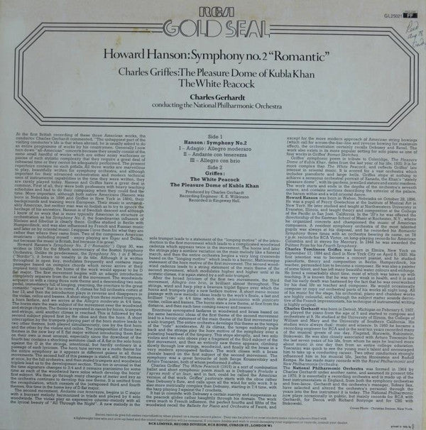 Howard Hanson / Charles Griffes, Charles Gerhardt, National Philharmonic Orchestra : Symphony No. 2 "Romantic" / The Pleasure Dome of Kubla Khan / The White Peacock (LP, Comp)