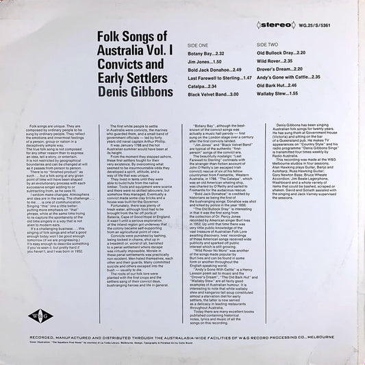 Denis Gibbons : Folk Songs Of Australia Volume 1 - Convicts And Early Settlers (LP, Album)