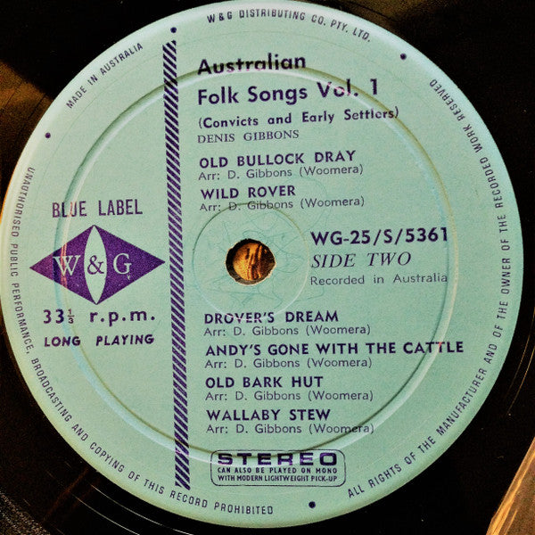 Denis Gibbons : Folk Songs Of Australia Volume 1 - Convicts And Early Settlers (LP, Album)