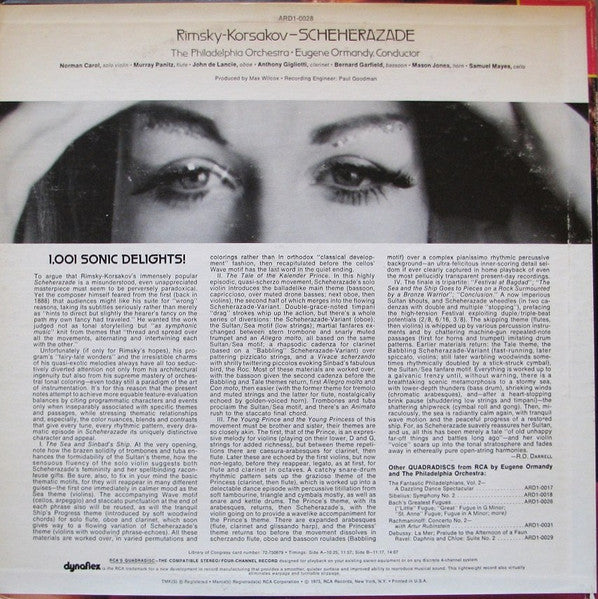 Rimsky-Korsakov* - Eugene Ormandy, The Philadelphia Orchestra, Norman Carol : Scheherazade (LP, Quad, RE)