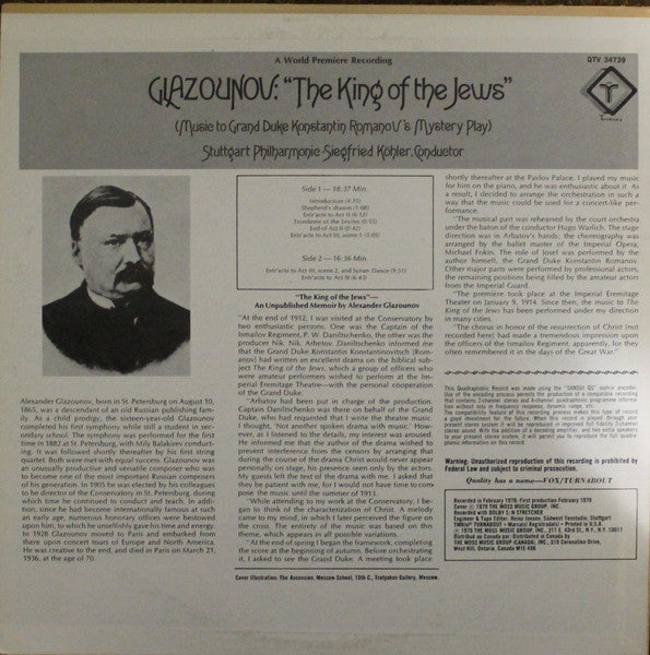 Alexander Glazunov / Stuttgarter Philharmoniker, Siegfried Köhler (2) : The King Of Jews (Music To Grand Duke Konstantin Romanov's Mystery Play) (LP, Album, Quad)