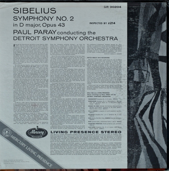 Jean Sibelius - Paul Paray, Detroit Symphony Orchestra : Symphony No. 2 (LP)