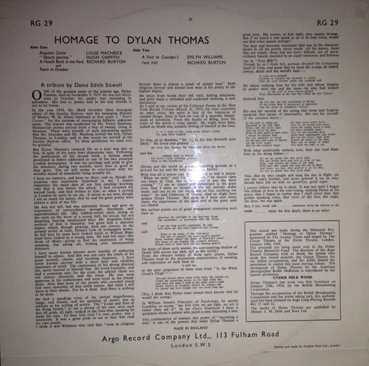 Dylan Thomas, Various : Homage To Dylan Thomas (LP, Mono)