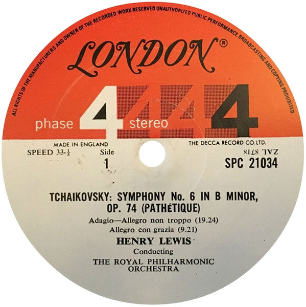 Pyotr Ilyich Tchaikovsky, Henry Lewis, Royal Philharmonic Orchestra : Tchaikovsky Symphony No. 6 In B Minor "Pathetique" (LP)