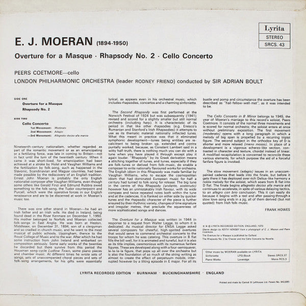 Ernest John Moeran, Peers Coetmore, London Philharmonic Orchestra, Sir Adrian Boult : Cello Concerto / Overture For A Masque / Rhapsody No 2 (LP)