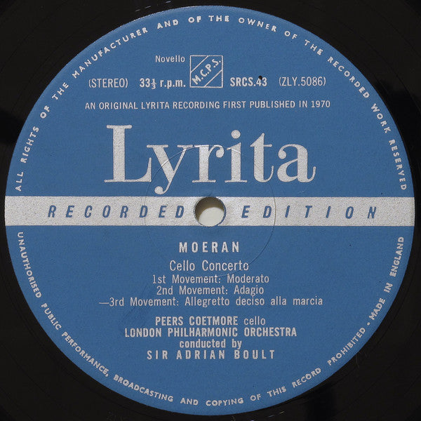 Ernest John Moeran, Peers Coetmore, London Philharmonic Orchestra, Sir Adrian Boult : Cello Concerto / Overture For A Masque / Rhapsody No 2 (LP)