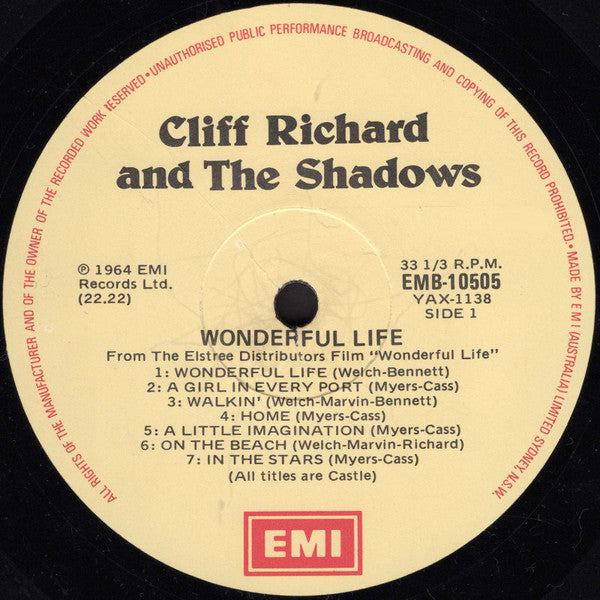 Cliff Richard & The Shadows : Wonderful Life (LP, Album, Mono, RE)