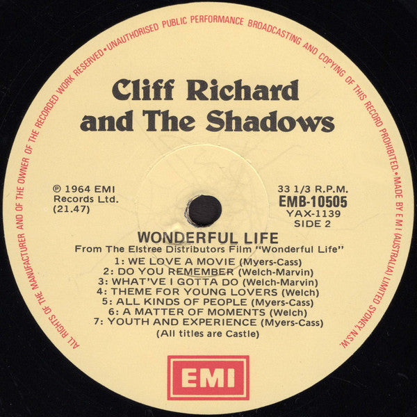 Cliff Richard & The Shadows : Wonderful Life (LP, Album, Mono, RE)