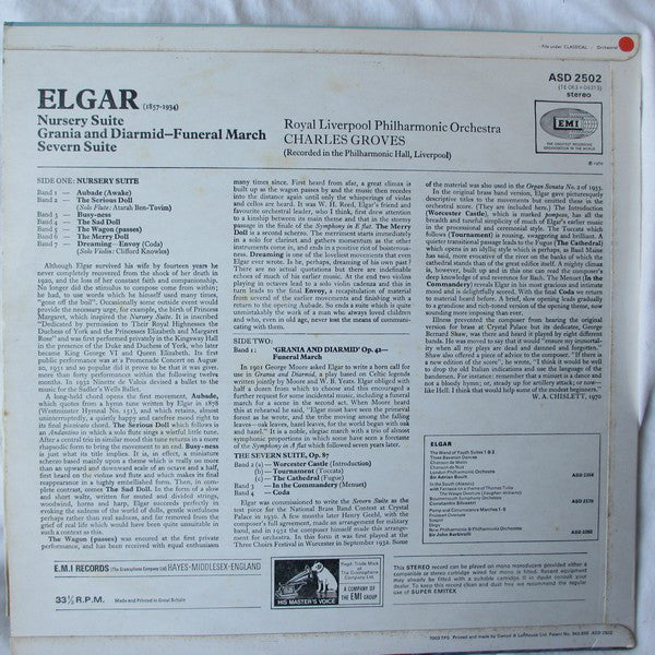 Sir Edward Elgar, Sir Charles Groves, Royal Liverpool Philharmonic Orchestra : Severn Suite; Nursery Suite; Grania & Diarmid - Funeral March (LP, Album)