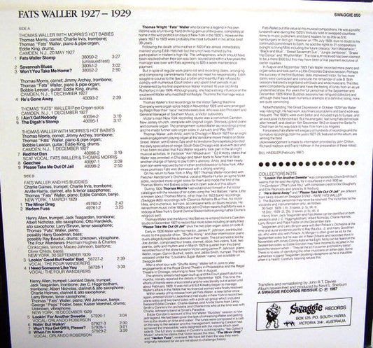 Fats Waller : Fats Waller 1927-1929 (LP, Album, Comp, Mono, RE)