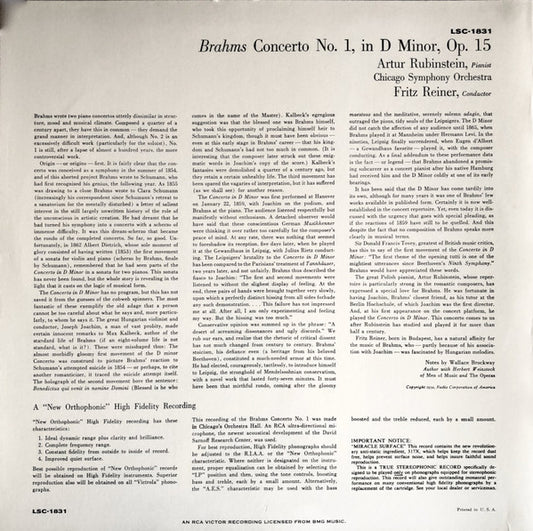 Johannes Brahms, Arthur Rubinstein, Fritz Reiner, Chicago Symphony Orchestra : Concerto No. 1 In D Minor, Op. 15 (LP, RE, RM, 180)