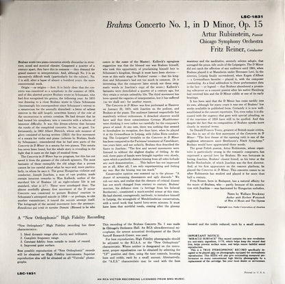 Johannes Brahms, Arthur Rubinstein, Fritz Reiner, Chicago Symphony Orchestra : Concerto No. 1 In D Minor, Op. 15 (LP, RE, RM, 180)