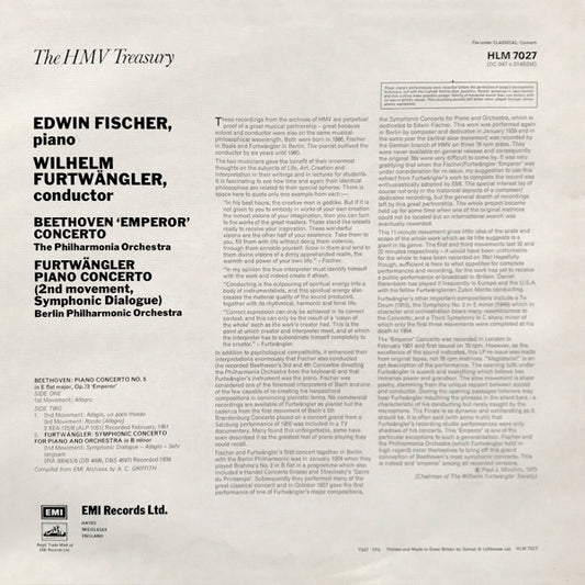 Beethoven*, Furtwängler*, Philharmonia Orchestra, Edwin Fischer, Berlin Philharmonic Orchestra*, Wilhelm Furtwängler : Beethoven "Emperor" Concerto / Furtwängler Piano Concerto (LP, Comp, Mono)